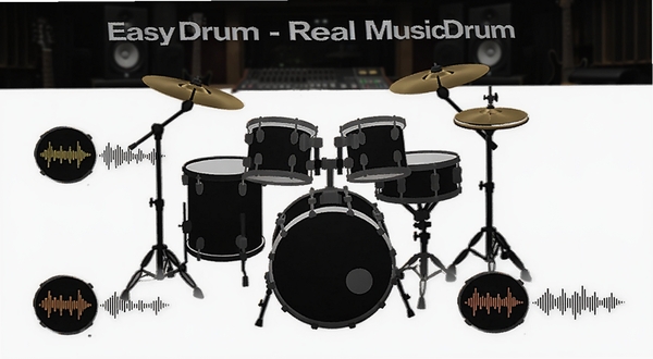 Easy Drum - Real Music Drum 鼓组音色采样示意图,画面中排列着多个鼓件图标,每个图标旁带有声波纹理,背景为暗色调录音室,突出高保真音质概念