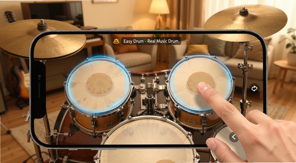 Easy Drum - Real Music Drum 移动端操作示意图,手指正在敲击手机屏幕上的架子鼓界面,鼓面有按压反馈光效,背景为居家休闲环境,整体色调温暖