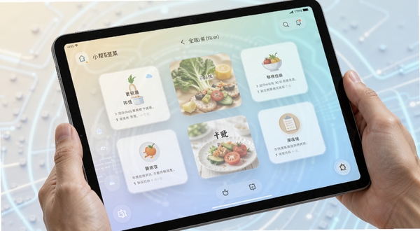 小帮菜平板端 主界面功能全貌 画面中心为悬浮式卡片布局 背景为浅色渐变科技纹理 展示平板设备横屏使用场景