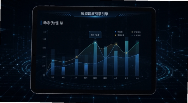 小帮菜平板端 智能调度引擎 展示动态资源分配图表 背景为深色科技感网格 突出性能优化概念