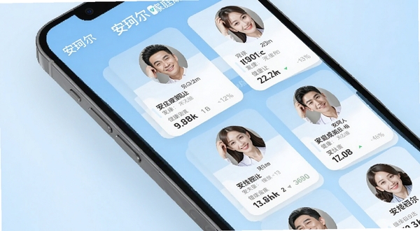 安珂尔家庭成员健康档案界面,手机屏幕显示多个家庭成员头像卡片,每张卡片下方有健康数据摘要,背景为浅蓝色渐变,风格清爽专业,画面中带有安珂尔文字标识