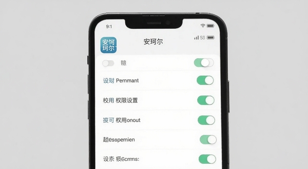 安珂尔应用权限设置界面示意图,手机屏幕显示权限开关列表,背景为浅灰色,画面简洁,突出安珂尔图标与设置选项
