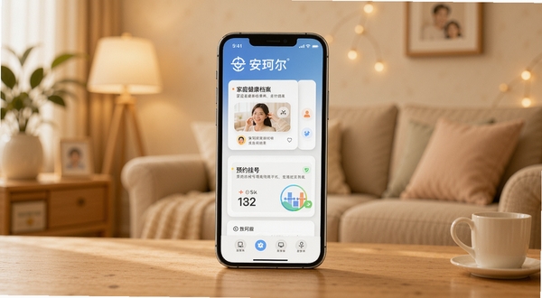 安珂尔软件主界面展示,画面中央为手机屏幕,屏幕内呈现家庭健康档案卡片与预约挂号功能模块,背景为柔和暖色调的居家环境,整体风格简洁温馨,突出安珂尔品牌标识