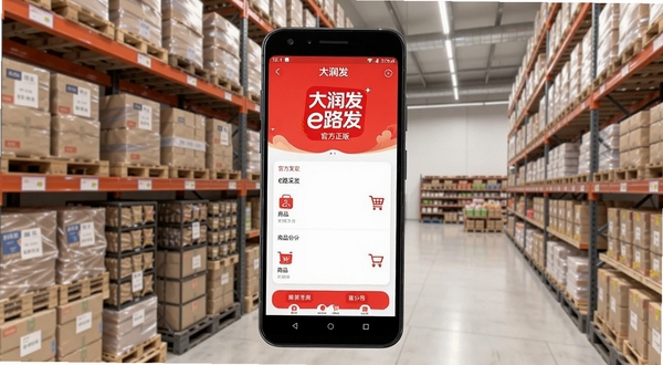 大润发e路发 官方正版 手机APP 界面展示 主色调红色 购物车图标 商品分类清晰 背景为现代化仓储超市货架 明亮整洁 适合安卓手机屏幕截图风格 高清 写实