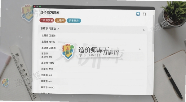 造价师万题库章节练习页面预览图,展示土建与安装专业分类标签以及章节列表,背景为淡灰色学习桌面,点缀造价师万题库logo水印,画面清晰直观