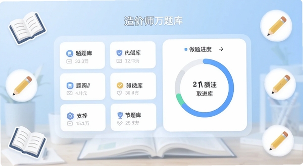 造价师万题库应用主界面截图,中央展示题库分类卡片与做题进度环形图,背景为浅蓝色渐变学习场景,周围点缀书本与铅笔图标,整体风格清爽专业,适配Boogu模型生成