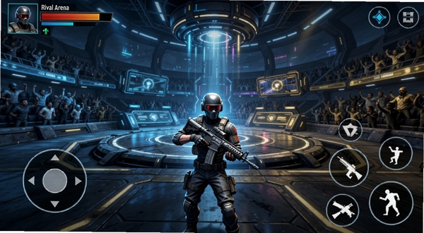Rival Arena Duels FPS ��Ϸ������Ԥ��ͼ����������Ϊ��ǹ��ɫվ���ھ��������룬����Ϊδ���Ƽ����Ķ�ս��ͼ�����ܻ��ƹ���ϯ���޺��Ч�����Ͻ���ʾ���ͷ����Ѫ���������½Ƿֲ��������Ծ������ť������ɫ��ƫ�����밵�������ֻ����������Ϸչʾ