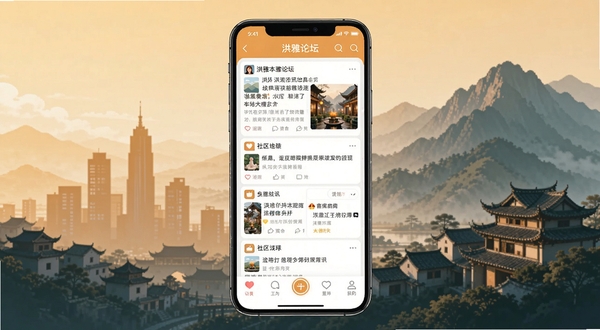 一款名为洪雅论坛的手机应用界面展示图,画面中央是手机屏幕,屏幕内呈现本地资讯信息流和社区互动板块,背景为洪雅城市剪影与瓦屋山风景轮廓,整体色调温暖清新,扁平化UI风格,高清细节,适配Boogu模型生成