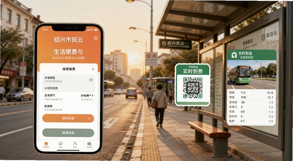 绍兴市民云生活缴费与出行服务场景图,画面左侧为手机屏幕展示水电燃气缴费界面,右侧为公交乘车码与实时到站信息,背景为绍兴城市街景与公交站台,色调温暖柔和,突出便民生活气息,适配Boogu模型生成