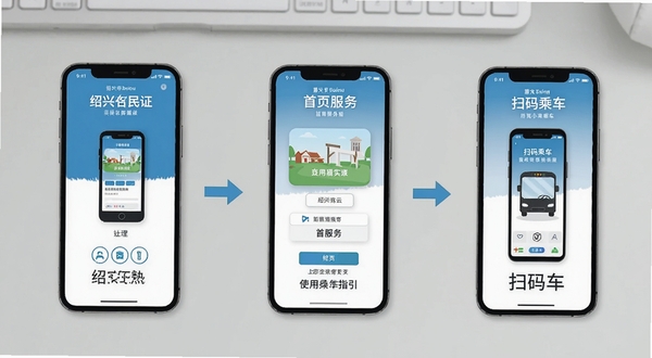 绍兴市民云使用操作指引示意图,画面展示一部手机屏幕从左到右依次呈现实名认证、首页服务、扫码乘车三个操作步骤,每个步骤配有简洁的箭头引导和图标说明,背景为浅灰色工作台面,整体风格扁平化教学风,适配Boogu模型生成