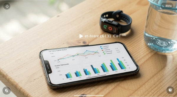 Fit-here数据统计界面截图,手机放置在木质桌面上,屏幕显示折线图与柱状图,背景有运动手环与水杯,整体色调清新自然,体现健康生活方式。
