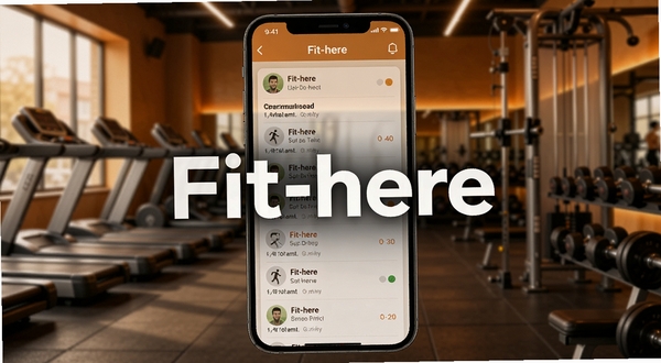 Fit-here应用界面中展示个性化训练计划列表,手机屏幕中央有醒目的Fit-here标志,背景为健身房环境,色调偏暖,突出计划安排的条理性与专业性。