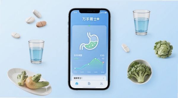 万孚胃士应用主界面展示,手机屏幕居中显示胃部健康记录面板,背景为淡蓝色渐变,画面中心有胃部轮廓图标和健康数据曲线,周围环绕药片、温水杯、蔬菜等健康元素,整体风格清新专业,适配Boogu模型生成