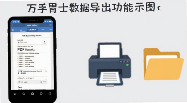 万孚胃士数据导出功能示意图,手机屏幕显示PDF报告预览,旁边有打印机和文件夹图标,背景为浅灰色,体现数据整理与分享的便捷