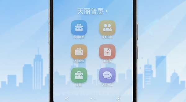 天丽普慧 安卓手机主界面 中央展示功能图标矩阵 背景为浅蓝渐变与城市剪影 柔和光影 扁平化UI风格 高清细节