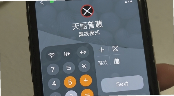 天丽普慧 离线模式界面 顶部显示无网络图标 计算器与文本工具仍可点击 灰蓝色调 简洁状态提示 手机屏幕