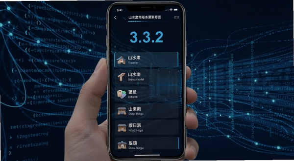山水肃南版本更新界面截图,手机屏幕显示更新日志列表,背景为抽象的代码与数据流图案,色调科技蓝,突出版本号3.3.2字样,适配Boogu模型生成。