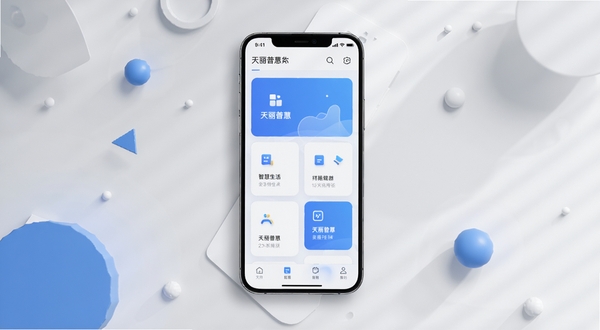 天丽普慧软件主界面全貌展示,画面中央为手机屏幕正视图,屏幕内呈现清新蓝白配色的功能卡片布局,背景为浅灰色渐变桌面环境,周围点缀少量几何图形与柔和光影,整体风格简洁现代,突出智慧生活服务主题