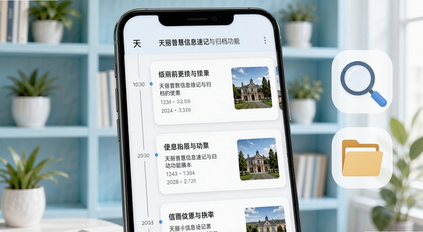 天丽普慧信息速记与归档功能展示,手机屏幕内呈现时间线式卡片列表,卡片上带有文字摘要与图片缩略图,背景为淡蓝色书架与绿植,画面右侧有放大镜与文件夹图标,整体清新明亮,突出信息整理与检索的便捷性