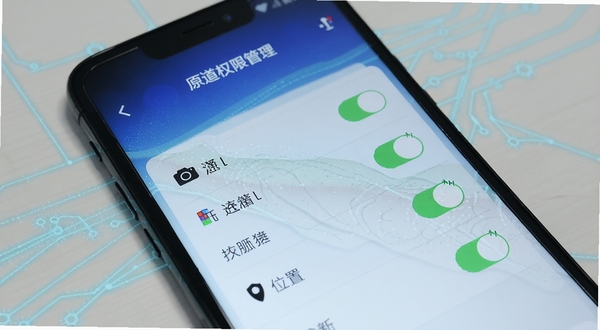 手机屏幕展示原道权限管理页面,有相机、存储、位置等权限开关,背景为浅蓝色科技感线条,画面简洁可信