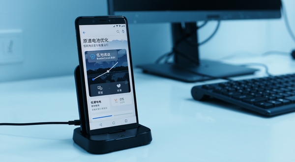 一部中端安卓手机放在充电底座旁,屏幕显示原道电池优化页面,背景是简洁的办公桌面,色调偏冷,突出低耗电与轻量运行