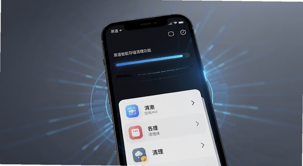 原道智能存储清理功能界面预览图,手机屏幕中显示扫描进度条与分类清理项,画面带有科技感蓝色光效,背景为深色简约风格,突出存储空间释放的视觉效果