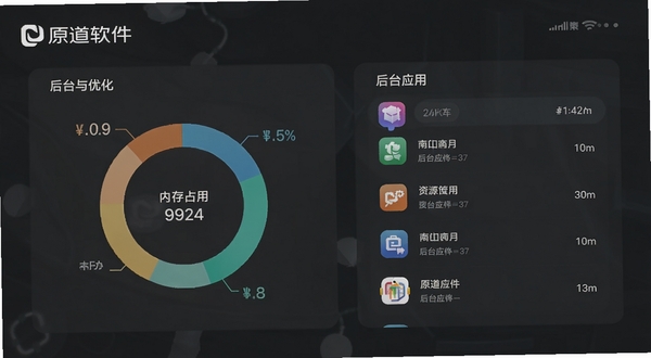 原道后台进程管控功能展示图,手机界面呈现内存占用环形图与后台应用列表,画面以深灰色为主调,搭配原道软件名称标识,突出资源监控与优化的专业感