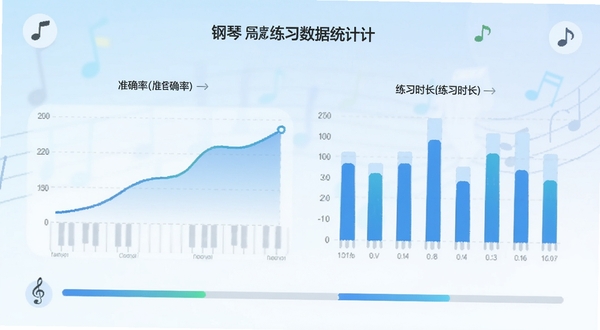 智能钢琴应用内的练习数据统计页面,画面中显示着用户弹奏准确率曲线图与练习时长柱状图,背景为淡蓝色渐变,界面元素包括音符图标与进度条,整体风格清新简洁,突出数据可视化与学习管理功能,适配Boogu模型生成,竖版构图