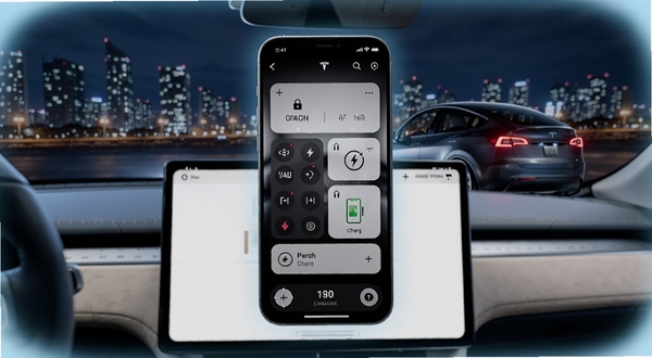 Tesla�ֻ�Ӧ�ý��������������п����Ϸ�����Ļ��ʾ�����������յ����ơ����״̬�ȿ�Ƭʽ��ť��������ҹ�����еƹ���һ����˹��Model Y��������Ƽ���ʮ�㣬����λ�ڻ������룬�����е���ɫ����