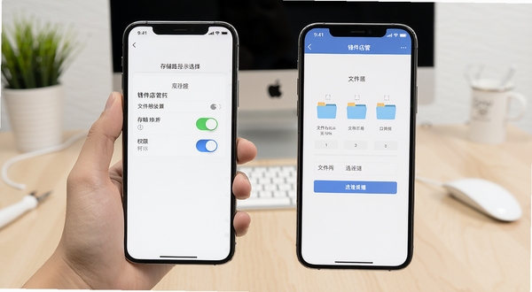锋件店管安装权限设置与存储路径选择示意图,手机屏幕显示权限开关与文件夹选择界面,背景为简洁桌面