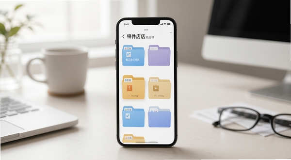锋件店管多店铺分组归档界面展示,手机屏幕中显示多个店铺文件夹卡片,背景为整洁的桌面环境,柔和光线