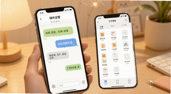 锋件店管用户问答场景示意图,手机屏幕显示问答对话气泡与文件管理界面,背景为柔和暖色调