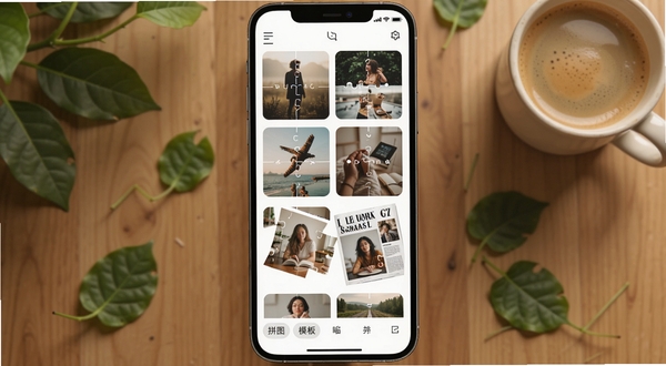 ƴͼ��ģ��ѡ����棬�ֻ���Ļ��չʾ�Ŷ���ƴͼģ������ͼ�������Ĺ��������񡢲�������־��ȣ�ÿ��ģ��������Ų�ͬ����ʾ����Ƭ������ײ��з����ǩ������������Ϊľ�����棬�Ա�ɢ���ż�Ƭ��Ҷ��һ�����ȣ�Ӫ����ܰ�Ĵ�����Χ����������ϸ�壬����Booguģ�����ɡ�