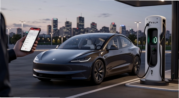 һ����˹��Model 3ͣ�����ִ����г��վ�ԣ������ֳ������ֻ��鿴TeslaӦ�ý��棬�����ǰ����ĳ������������͵ƹ⣬��������λ�ڻ�������ƫ���Ҳ�Ϊ���׮�복����������дʵ�Ƽ��У�����Booguģ������