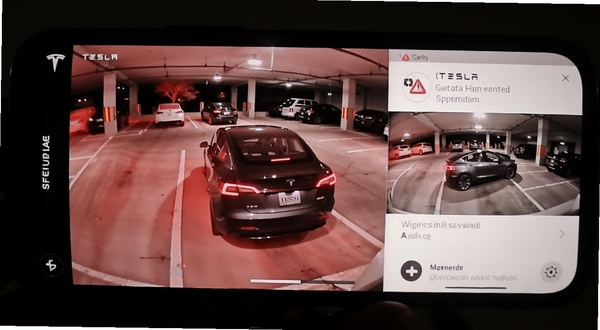 TeslaӦ���ڱ�ģʽ��ػ��棬�ֻ���Ļ��ʾ������Χ����¼���뾯��֪ͨ������Ϊҹ��ͣ������������к���ҹ��Ч����ͻ����ȫ��ع���