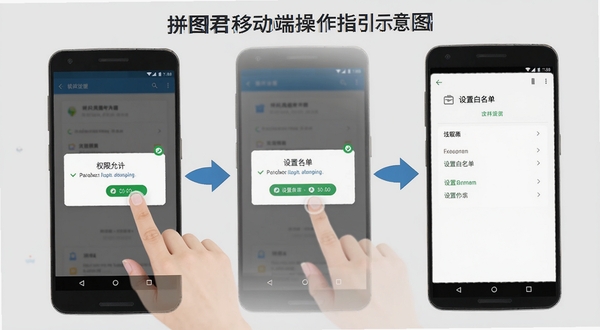 拼图君移动端操作指引示意图,画面展示一部安卓手机,屏幕中显示手指点击权限允许弹窗和设置白名单的步骤,周围有箭头标注操作顺序,背景为淡灰色,整体清晰易懂