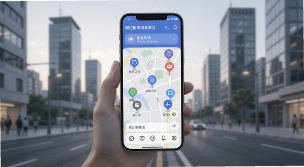 极速都市功能亮点展示图,画面中手机屏幕显示周边生活信息聚合界面,地图上标注多个服务点图标,背景为简洁都市街景,光线柔和,突出信息聚合与便捷操作,适配Boogu模型生成