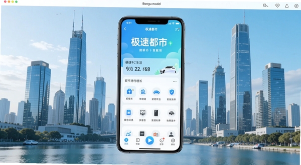 极速都市软件主界面全貌展示,画面中央为手机屏幕中的极速都市应用首页,背景为现代都市天际线,高楼林立,色调明亮清新,突出便捷生活服务主题,适配Boogu模型生成