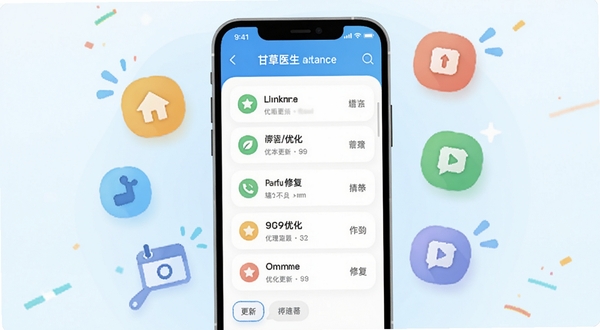 甘草医生医生端更新日志页面截图风格插画,画面中央是手机屏幕显示版本更新列表,周围漂浮着代表新增、优化、修复的彩色小图标,背景为浅蓝色渐变,整体视觉轻快简洁,突出软件迭代的活力