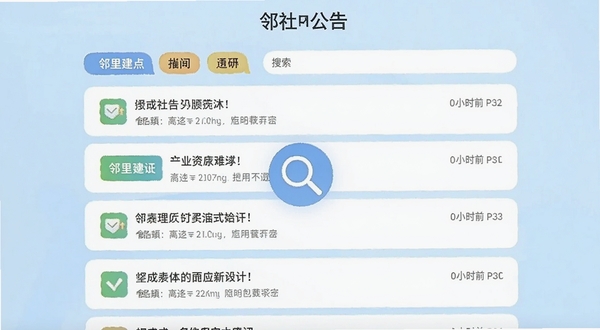 邻里应用内社区公告界面,显示多条通知列表,背景为淡蓝色调,有清晰的分类标签和时间戳,界面中央有放大镜图标代表搜索功能,整体风格清爽
