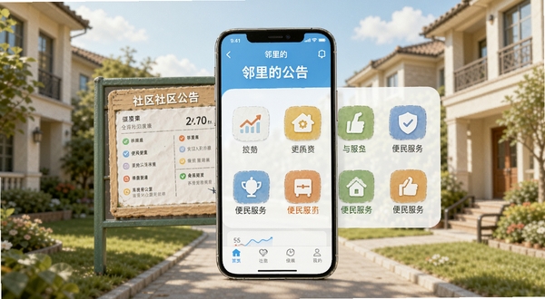 一款名为邻里的手机应用界面展示,画面中央是社区公告板与便民服务图标,背景是温馨的居民小区场景,色彩明亮,风格现代简洁,突出社区互动与生活服务功能