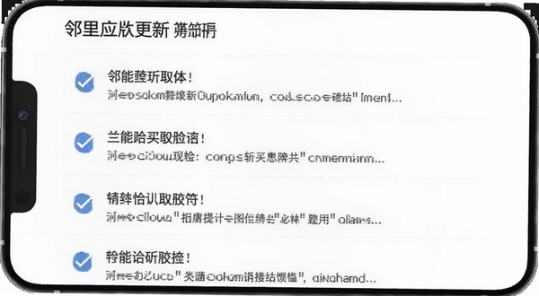 邻里应用版本更新界面,显示更新日志列表,背景为白色,有勾选图标和文字描述,风格简洁清晰