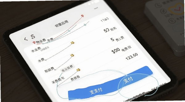 邻里应用生活缴费界面,显示物业费、水费、电费等账单列表,有支付按钮,背景为白色,界面简洁,突出安全便捷的支付体验