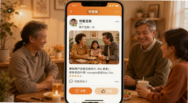 邻里应用内邻里圈界面,显示用户发布的互助帖子,有图片和文字,下方有评论和点赞按钮,背景为暖色调,体现温馨的社区交流场景