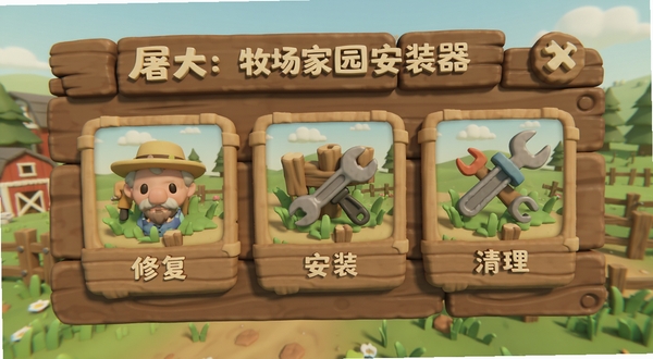 屠夫:牧场家园安装器 功能面板展示 包含修复、安装、清理三个模块 木质纹理UI 牧场主题图标 Boogu模型 柔和光照 3D微质感