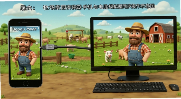 屠夫:牧场家园安装器 手机与电脑模拟器同步操作示意图 左侧手机 右侧电脑 中间数据线连接 牧场背景 Boogu模型 对比展示 清晰标注