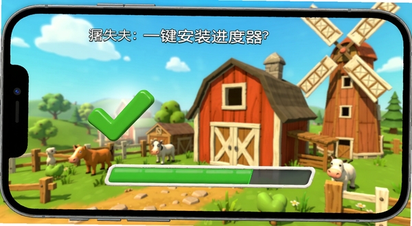 屠夫:牧场家园安装器 一键安装进度条界面 手机屏幕显示 绿色对勾图标 背景为农场谷仓与风车 Boogu模型 明亮卡通风格 细节丰富
