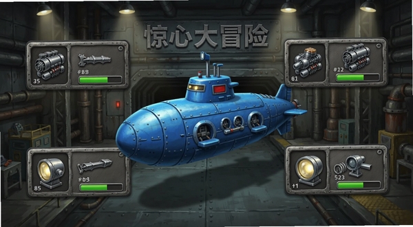 惊心大冒险潜水艇改装界面,画面主体为悬浮在船坞中央的蓝色潜水艇,四周分布着装甲、引擎、探照灯、声呐四个改装槽位,每个槽位旁有零件图标与数值条,背景为工业风格船坞内部,金属质感强烈,光线从顶部射灯打下,画面细节丰富,游戏名称惊心大冒险以浮雕字样出现在船坞墙壁上