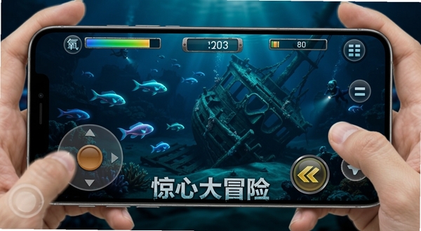 惊心大冒险移动端操作界面截图,画面展示手机横屏握持视角,左侧虚拟摇杆与右侧加速按钮清晰可见,屏幕上方显示氧气条与深度计,背景为深海沉船场景,有发光鱼群游过,画面下方有游戏名称惊心大冒险的水印