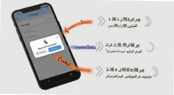 Persian Ai使用教程示意图,画面展示手机屏幕上的设置界面与麦克风权限弹窗,旁边有箭头指示操作步骤,背景为淡灰色,风格简洁直观,适配Boogu模型生成
